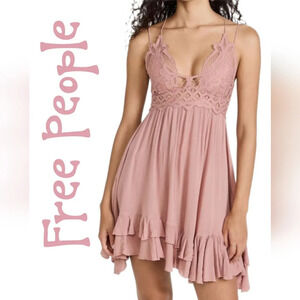 Free People Womens Adella V-Neck Sleeveless Pastel Pink Ruffle-Lace Mini Sz S